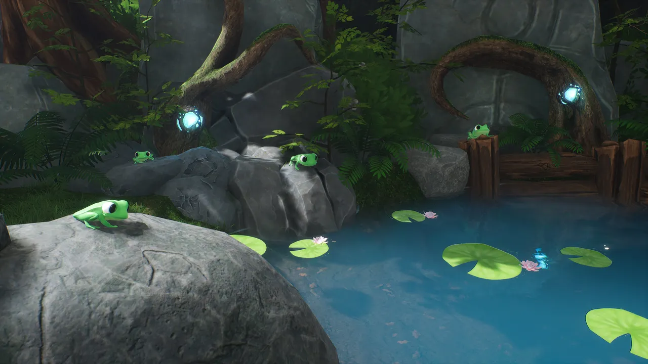 Frogs sitting by an outdoor bath