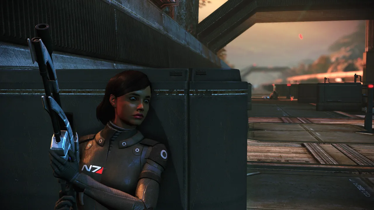 Main character taking cover and looking stressed. 