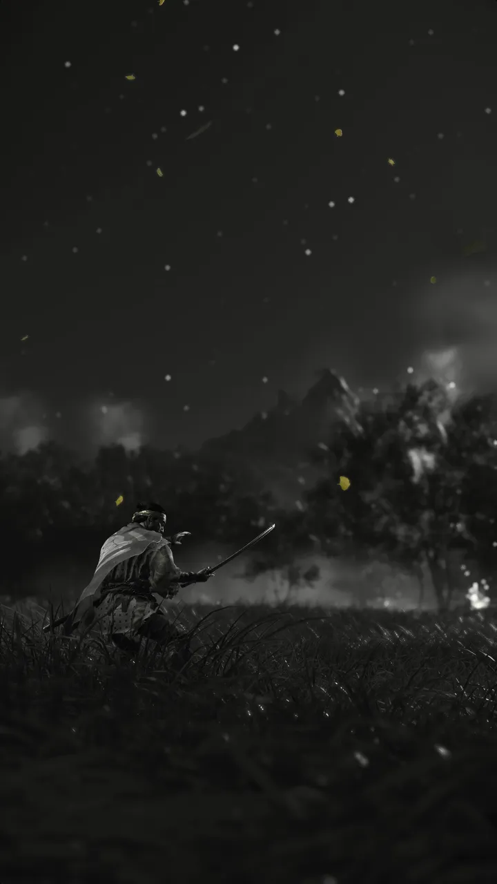 Jin Sakai practicing in the middle meadow at night