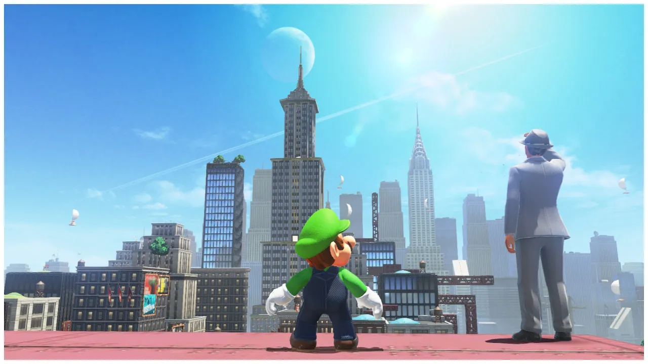 Mario dressed as Luigi with the city in the background
