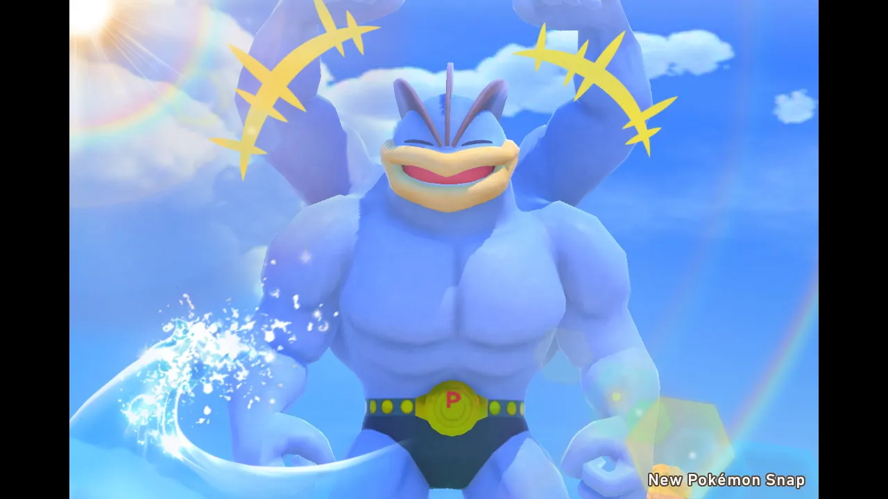 A machamp happily smiling with two of his arms in the air.